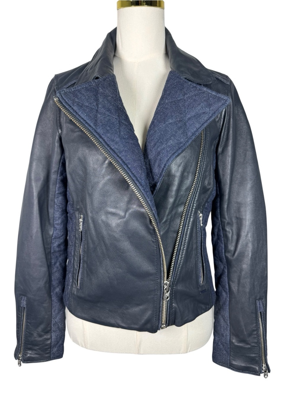 Scotch & Soda Leather and Denim Quilted Biker Jacket Navy Women’s Size Small